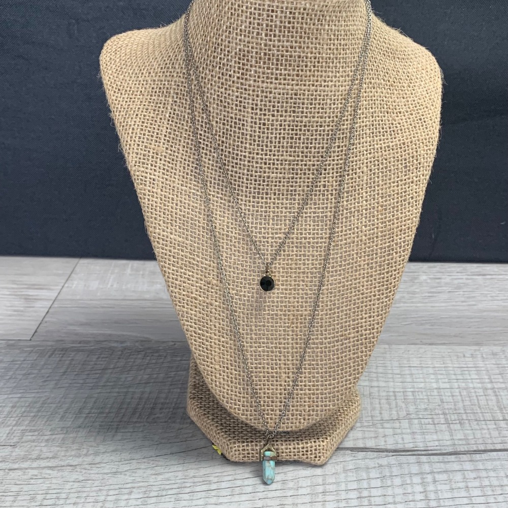 Boho Silver Tone Layered Necklace Faux Turquoise Crystal Point Black Rhinestone